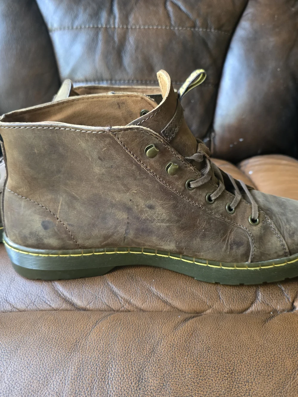 Dr. Martens Brown Leather Chukka Boots with Yellow Stitching